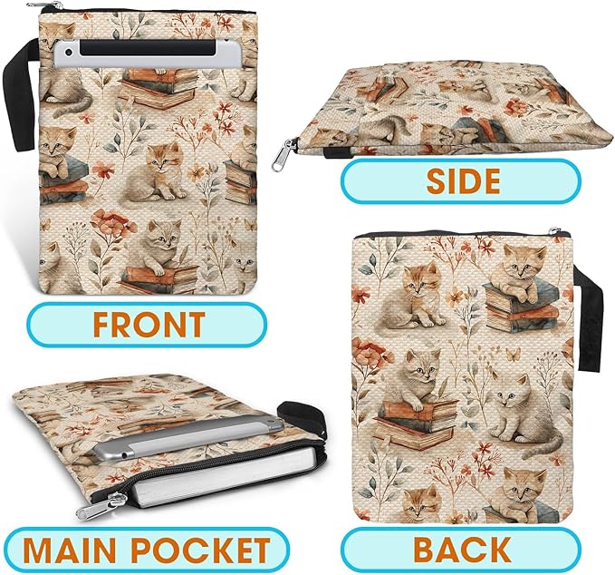 Cat Pattern Book Sleeve Bag Gift for Lovers & Librarians. Padded Book Cover Bag with Zipper & Front Pocket for Paperbacks. Washable Fabric, 11 x 8.5 Inch