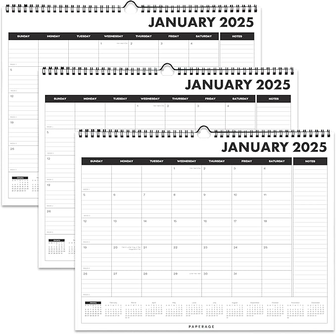 PAPERAGE Calendar 2025-12 Month, (Black), 3 Pack, Minimalist Wall and Desk Calendar with Monthly Views and Yearly Plans – Medium (11.5 in x 14.75 in)