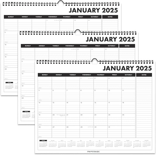 PAPERAGE Calendar 2025-12 Month, (Black), 3 Pack, Minimalist Wall and Desk Calendar with Monthly Views and Yearly Plans – Medium (11.5 in x 14.75 in)