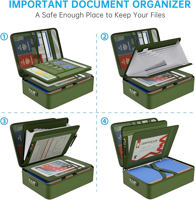 ENGPOW 5200℉ Fireproof File Organizer Bag with 13 Pocket Accordion File Folder,Document Organizer Box with Lock&Labels,Multi-Layer Portable Home Travel Safe Storage for Important Documents,Green