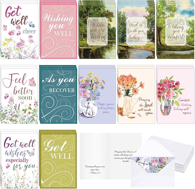 36 Sets Christian Get Well Soon Cards with Scripture Assorted Religious Bible Verse Wishing You Well Greeting Cards with Envelope(Printing Floral)