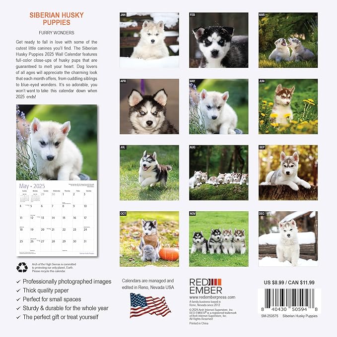 RED EMBER Siberian Husky Puppies Mini 2025 Wall Calendar 12 Month | 7" x 14" Open | Thick & Sturdy Paper | Giftable | Calendar 2025