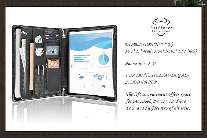 Personalized Leather Portfolio Padfolio with Zipper, Professional Business Portfolio with A4/US letter Writing Pad holder for Resume, Interview, Leather Portfolio for Men and Women, Black, Customized