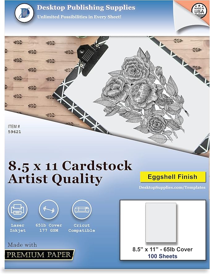 8.5" x 11" Cardstock - White Artist Eggshell Finish - 65lb Cover (177 gsm) - (100 Sheets) - Works on Inkjet or Laser Printers - Great for Cards, Menu's, Posters, Covers