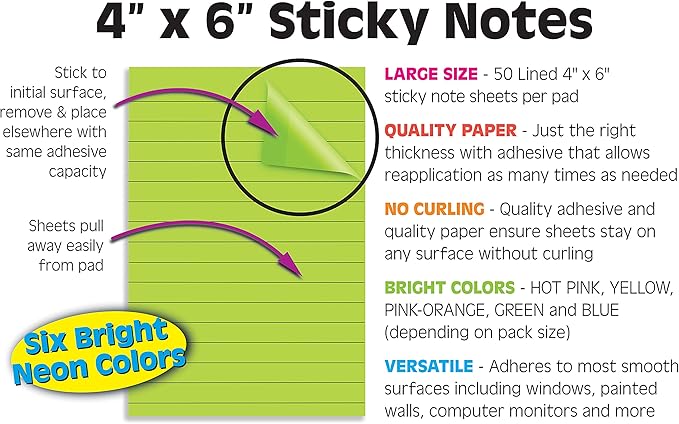Better Office Products Lined Sticky Notes, 4 x 6, 10 Pack, 500 Sheets (50/Pad), Self Stick Notes with Lines, 6 Bright Assorted Colors, Post Memos, Strong Adhesive, 10 Pads