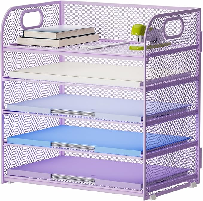 Marbrasse Paper Organizer Letter Tray, 5 Tier Mesh File Organizer with Handle, Paper Sorter Desk Organizer for Home Office Supplies - Purple