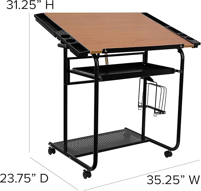 Flash Furniture Swanson Adjustable Drawing and Drafting Table with Black Frame and Dual Wheel Casters, Cherry