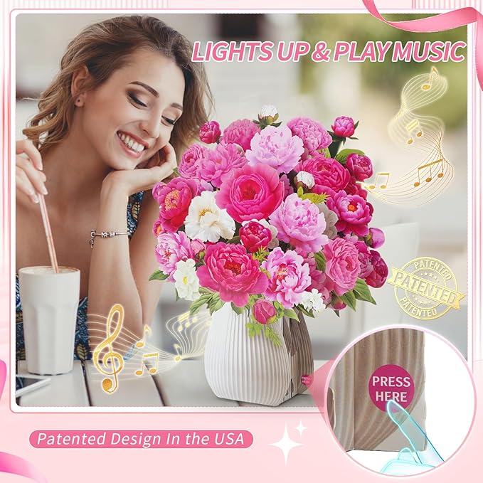 Flower Bouquet Birthday Cards with MUSIC & LIGHTS, 3D Pop Up Greeting Cards, 12 Inch Life Sized Peony Flower Bouquet Mothers Day Cards for Mom Women Sister Daughter Grandma