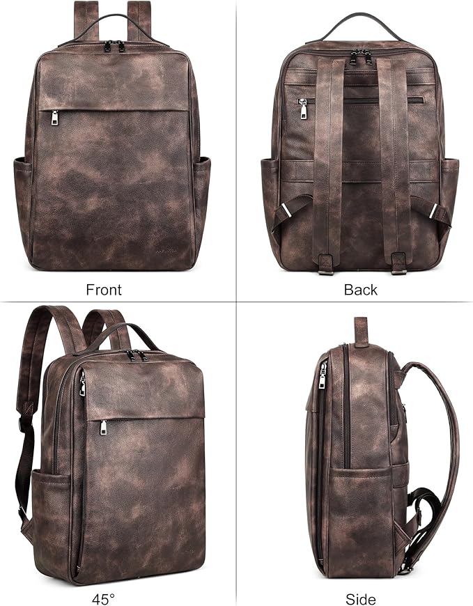MASINTOR 15.6 inch PU Leather Laptop Backpack Purse for Women, Large College Casual Backpack Travel Bag Retro Coffee