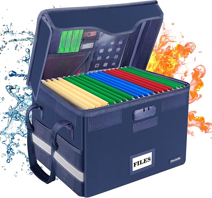 DocSafe File Box Fireproof Document Box with Lock,File Storage Organizer Box with Insert Pockets,Collapsible Portable File Box Home Office File Cabinet Safe for Hanging Letter/Legal Folder,Blue,2 Pack