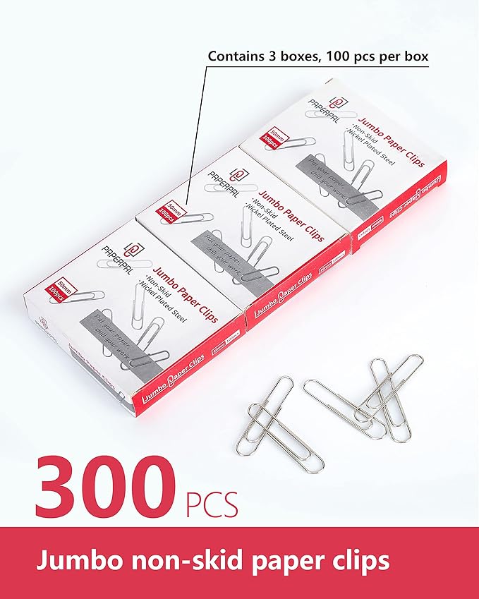 PAPERPAL Jumbo Paper Clips Nonskid, 300 Large Paper Clips (3 Boxes of 100 Each), Paperclips for Office School & Personal Use, Daily DIY, 2" Silver Heavy Duty Non-Skid Paper Clips Jumbo Size