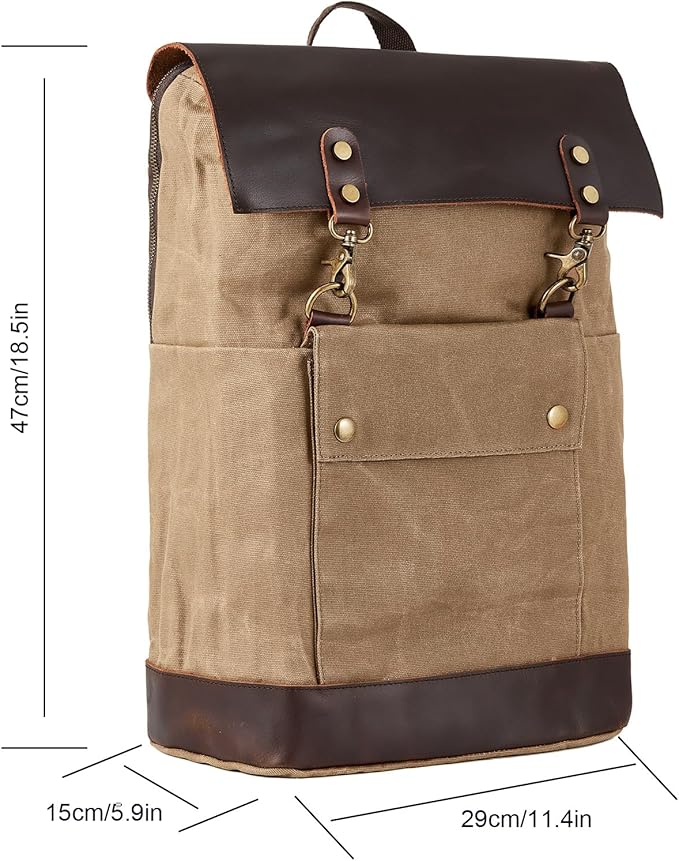 Vintage Waterproof Waxed Canvas Leather Backpack for Men Women 15.6" laptop Travel Rucksack