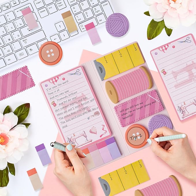 Retro Sewing Sticky Notes Set - Any Day Spent Sewing is A Good Day Self-Stick Note Pads Teacher Appreciation Notepads Writing Memo Pad Page Marker Back to School Office Supplies (Pink)