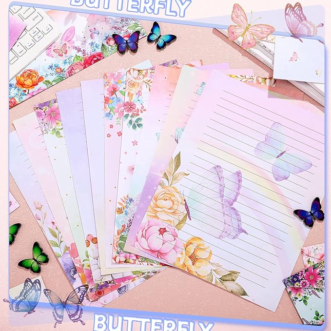TaoBary 160 Packs Stationery Paper Set (50 Double Sided Stationery Writing Papers 50 Matching Envelopes) 60 Round Dot Sticker, 10 Design(Watercolor Butterfly,8.5 x 11 Inch)