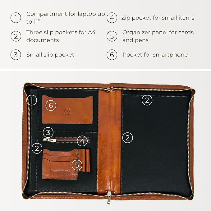 Time Resistance Leather Portfolio - A4 Document Folder - Padfolio - Italian Handcrafted Organizer Folio - Gift Box Included