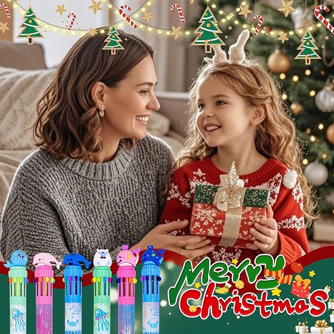 Multicolor Ballpoint Pen 0.7 mm, 10-in-1 Colored Pens Fine Point Retractable Cute Cartoon Ocean Animal Ballpoint Pens for Office School Students Kids Christmas Gift, 6 Pack