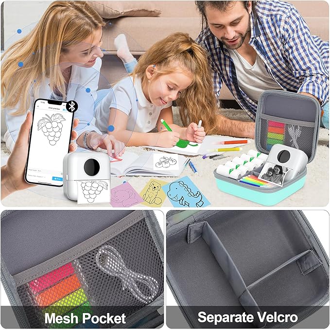 HBCX Mini Printer Case,Hard Protective Box,Portable High-capacity Travel Carrying Case,Suitable for Thermal Inkless Sticker Photo Printer,Label Marker,Instant Print Camera(Only Green Case)