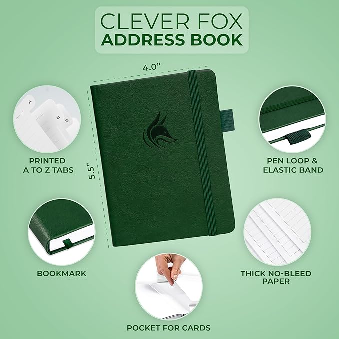 Clever Fox Address Book with alphabetic tabs - PU Leather Telephone and Address Book for Keeping Contacts Safe, Contact Organizer Journal, Small Size (4.0″ x 5.5″), Hardcover, Forest Green