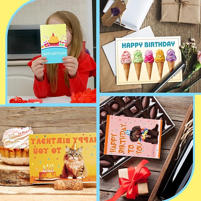 Harloon 200 Pack Happy Birthday Card Assorted Bulk with Blank Envelopes and Stickers 4 x 6 Inches Greeting Blank Happy Birthday Cards for Men Women Adults Kids, 20 Styles(Cute Style)