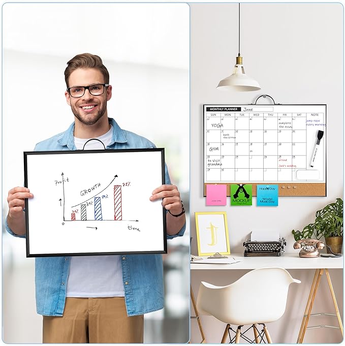 ARCOBIS Monthly Calendar Whiteboard Dry Erase Cork Board Combination for Wall, 12"x16" Magnetic Dry Erase Board, Double-Sided White Board, Portable Board for Planning, Office, School, Home, Black