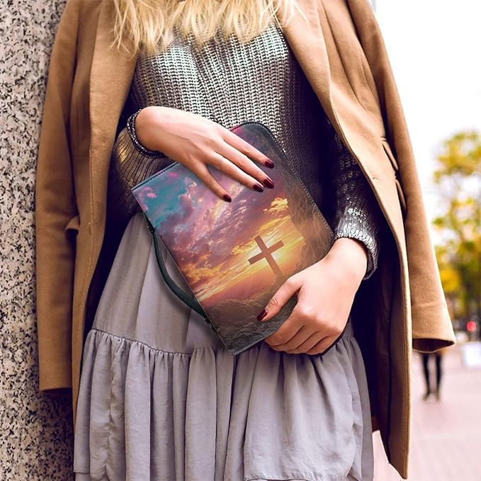 Lotusorchid Bible Book Cover for Women, Cross Print Bible Cover Case Sturdy Zippered Bible Carrying Case with Handle Pocket Portable Bible Bag for Bible Study, Pink, L