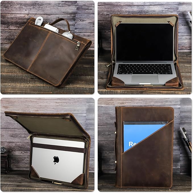 Top Grain Leather 13.3" Slim Laptop Zipper Folio Case Bag, Retro Design Handmade & 2 Pockets, Compatible with MacBook Pro 13.3" MacBook Air M1/M2 ZENBOOK 13.3" & Other PC, Coffee 13.3 Inch