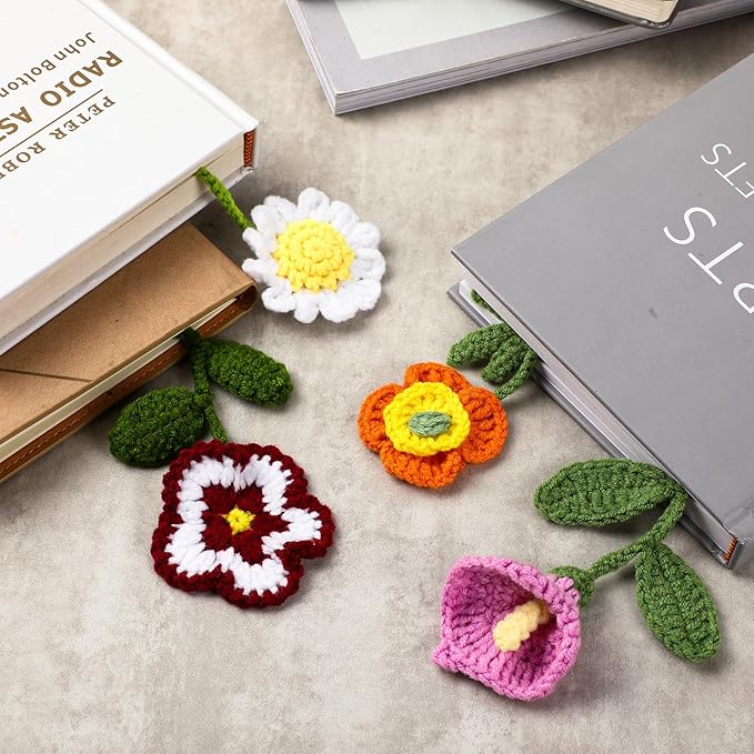 Harloon 4 Pieces Christmas Book Lover Gifts Flowers Crochet Bookmark Book Lovers Bookmarks Handmade Knitted Book Marker Curtain Tiebacks Holdbacks Car Ornaments for Readers Writers Library(Cute)