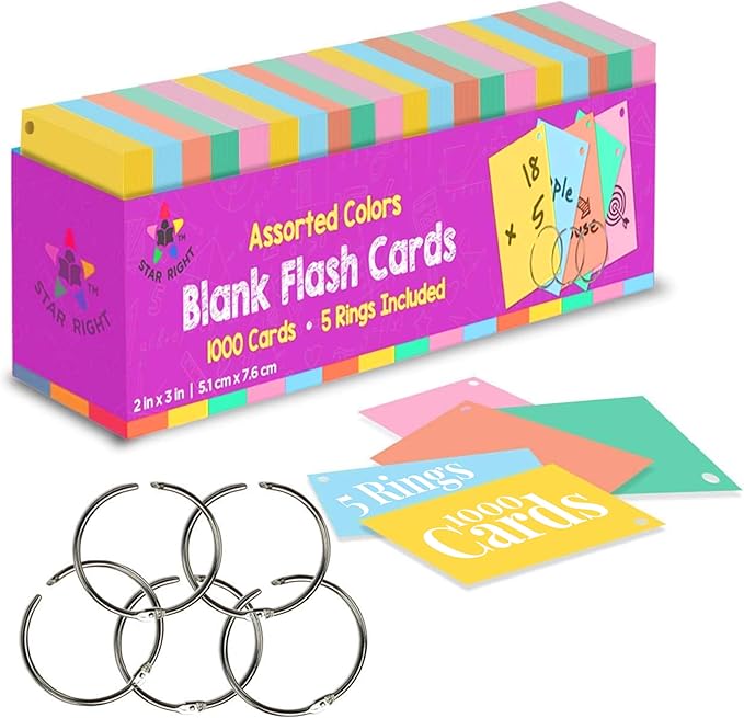 Star Right Assorted Colored Blank Flash Cards - Note Cards with Rings - 2"x3" Blank Index Note Cards, Flash Cards Blank, 1000 Pre Hole Punched Index Cards with Metal Binder Rings, Blank Flashcards