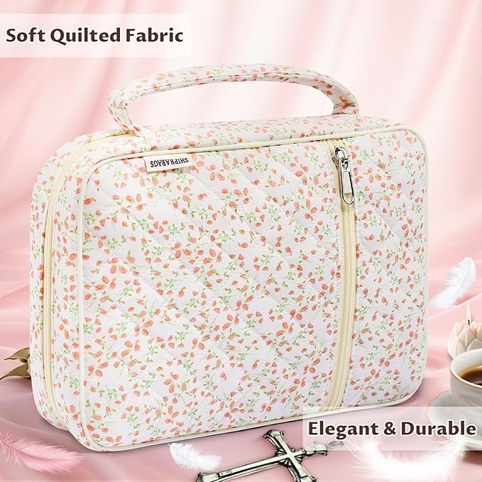 shirabags Quilted Bible Cover Case for Women - Elegant Cotton Bible Bag for Study, Church, Christian Gifts for Women (Pink Floral, M)