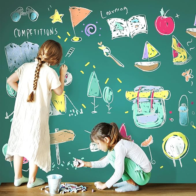 Chalkboard Wallpaper Stick and Peel: Green Contact Paper Classroom Chalkboard Stickers Chalk Board Paint Self Adhesive Wall Paper with 8 Colorful Chalks (35.4 X 78.7 Inches)
