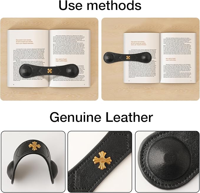 Book Weight Page Holder Heavy Genuine Leather Book Open Holder for Men Women Cookbook Weighted Bookmarks Gift for Writer Reader (BPH02-Black)