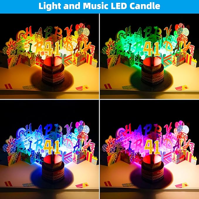 Gumry 41ST Musical Birthday PopUp Card, Blowable Colorful Light Candle 3D Cards with Song, Applause Cheers Sound, Greeting Cards Birthday Gifts Decorations for Women Men Turning 41 Years Old