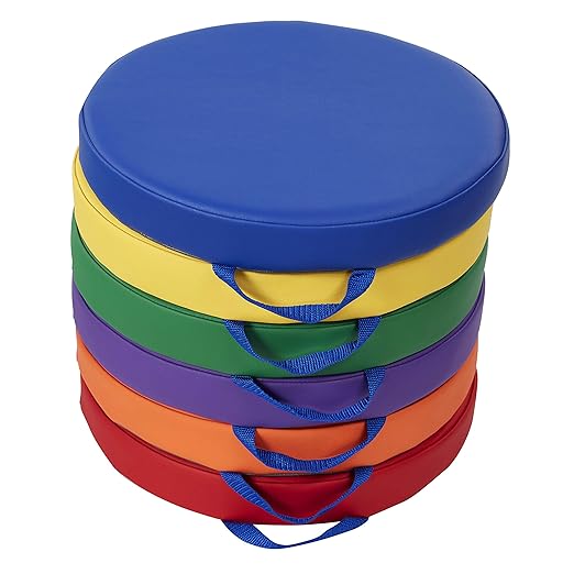 Factory Direct Partners SoftScape 15 inch Round Classroom Floor Cushions with Handles; Flexible Seating for Daycare, Preschool, Playroom; 2 inch Thick Deluxe Foam (6-Piece) - Assorted, 11232-AS