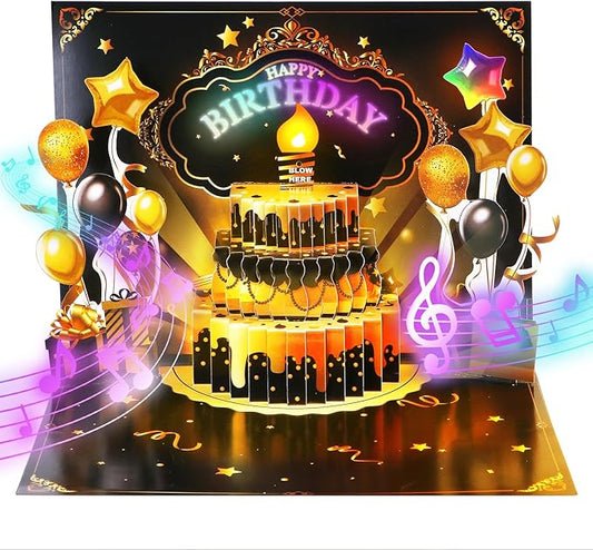 Birthday Gift Card, 3D Pop Up Birthday Card with Light and Music & Interative Candle, Birthday Cards Birthday Gifts for Women Men Kids