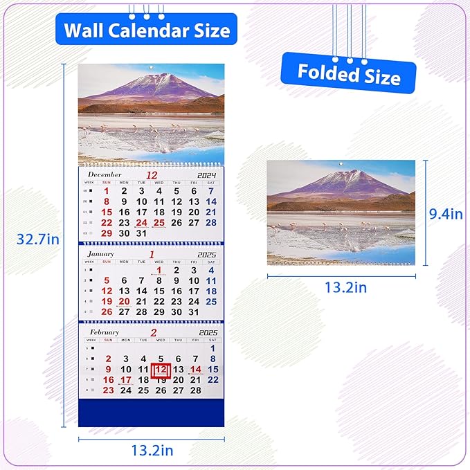 2025 Wall Calendar Large Wall Calendar 3 Month Display Vertical Calendar with Thick Paper 33" x 13" from Dec 2024 to Jan 2026 for Perfect Daily Planner (Blue-2)