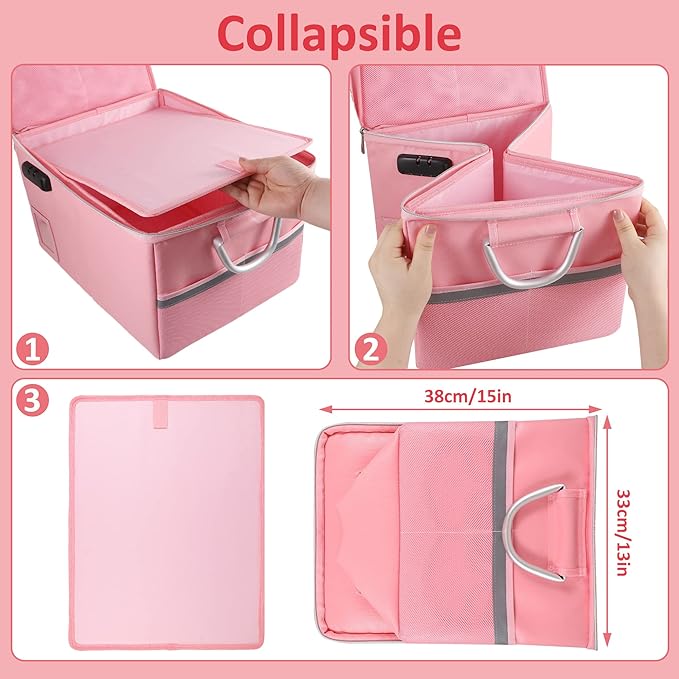 Fireproof Document Box File Organizer Box, Fireproof File Cabinet Box Storage Filing Cabinet Box with Lock, Portable Office Safe Box for Hanging Letter/Legal Folder 16.1 x 12.9 x 11in (Pink)