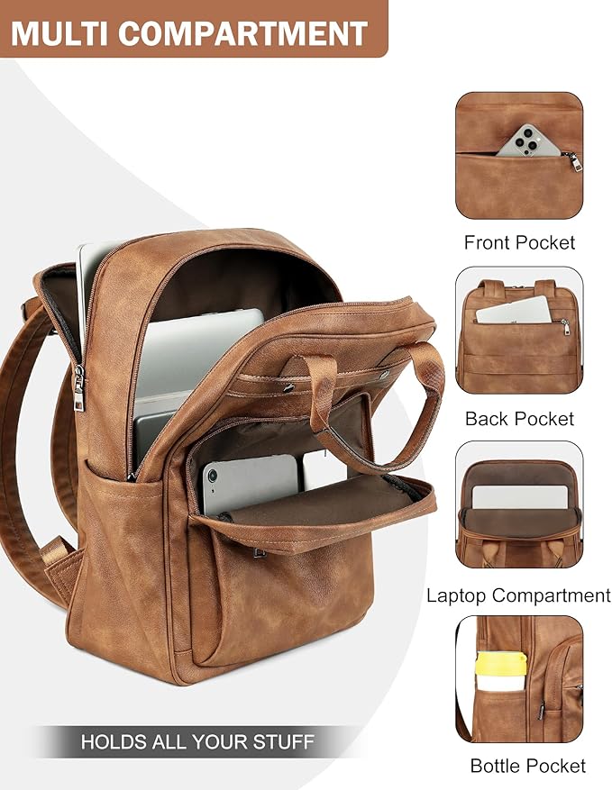 MASINTOR Leather Laptop Backpack for Women, Stylish Computer Backpack College Business Work Shoulder Bags Work and Travel Mocha Brown