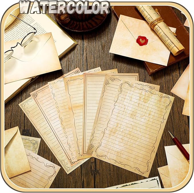 TaoBary 160 Packs Stationery Paper Set (50 Double Sided Stationery Writing Papers 50 Matching Envelopes) 60 Round Dot Sticker, 10 Design(Vintage,5.5 x 8.25 Inch)