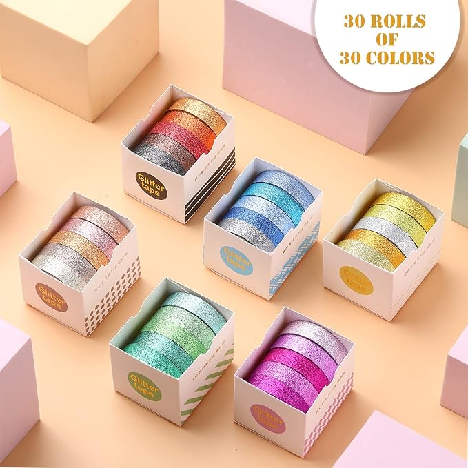 Eaasty 30 Rolls Glitter Washi Tape Colored 66 Yard Rainbow Metallic Tape Decorative Adhesive for Art Scrapbook DIY Craft Projects Gift Wrapping Decor