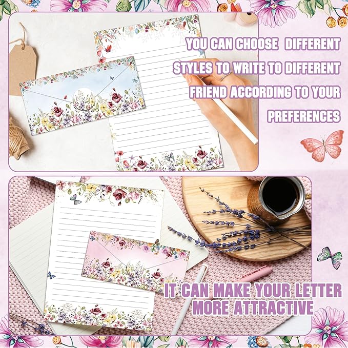 TaoBary 160 Packs Stationery Paper Set (50 Double Sided Stationery Writing Papers 50 Matching Envelopes) 60 Round Dot Sticker, 10 Design(Wildflower,8.5 x 11 Inch)