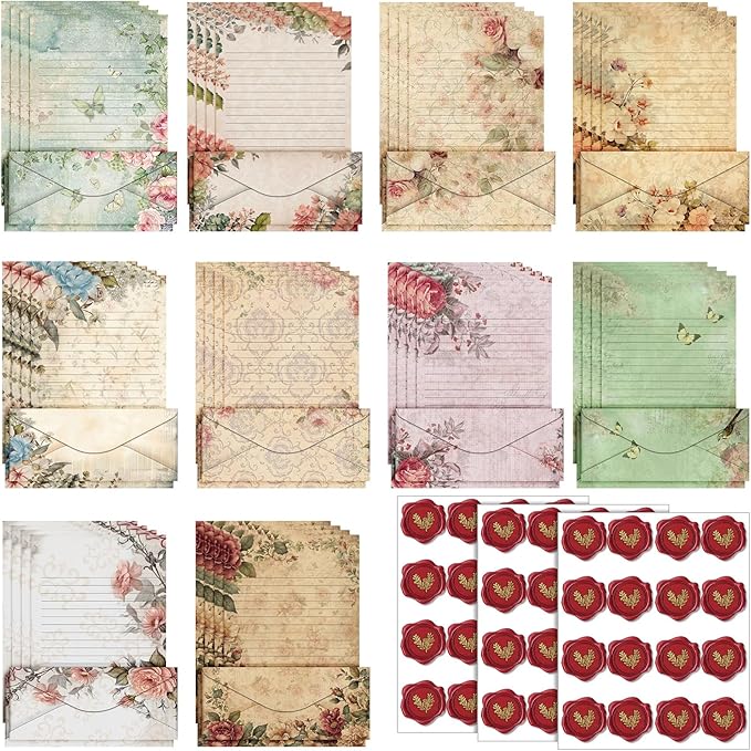 TaoBary 160 Packs Stationery Paper Set (50 Double Sided Stationery Writing Papers 50 Matching Envelopes) 60 Round Dot Sticker, 10 Design(Vintage Floral,8.5 x 11 Inch)