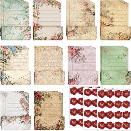 TaoBary 160 Packs Stationery Paper Set (50 Double Sided Stationery Writing Papers 50 Matching Envelopes) 60 Round Dot Sticker, 10 Design(Vintage Floral,8.5 x 11 Inch)