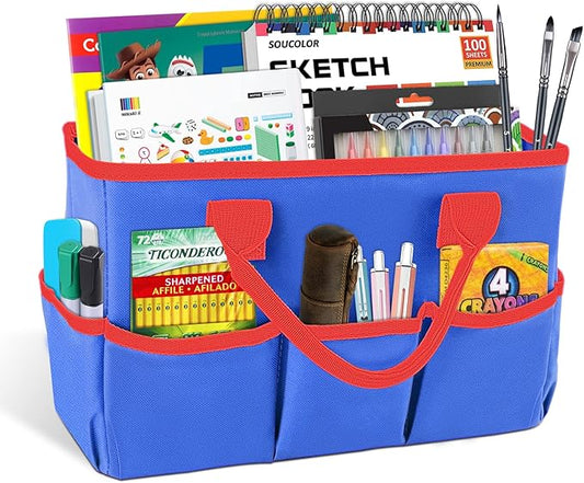Godery Desktop Tote and Organizer, Teacher Helper Bag for Arts, Books, Stationery, Office Desk, Make-up Storage with Handles for Travel (BLUE)