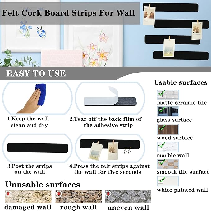 Black Bulletin Board Strips, 8Pcs Felt Pin Board Bar Strips with 50 Pushpins, Self-Adhesive Felt Cork Board Strips for Wall to Display Your Notes, Photos, Schedules, Announcements