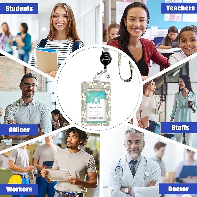 bolimoss Cute Flowers Lanyard for ID Badge Card, Breakaway Neck Lanyards with Retractable Badge Reels Quick-Release Buckles and Adjustable Straps with Leather Card Badge Holders