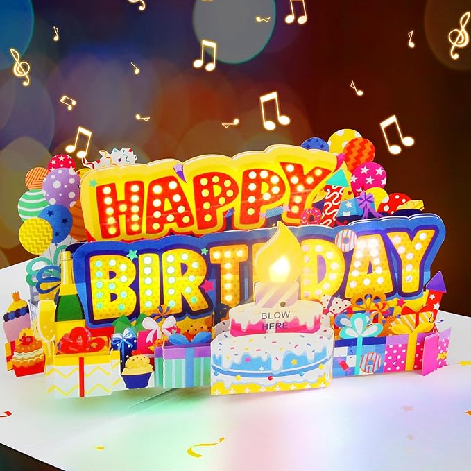 Birthday Cards Light 3D Pop Up Music, Blowable LED Candle Cake Gifts Greeting Cards for Women Men Kids Mom