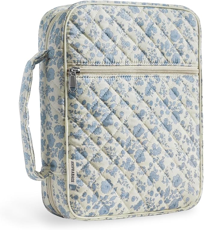 shirabags Quilted Bible Cover Case for Women - Elegant Cotton Bible Bag for Study, Church, Christian Gifts for Women(Blue Floral, M)
