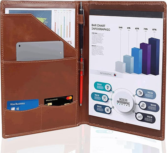 Succor Genuine Leather Business Portfolio Organizer-Professional Padfolio-Leather Binder-Document Holder-Resume Folder-A4 PAD Folio for Men and Women-13”x10”-Brown