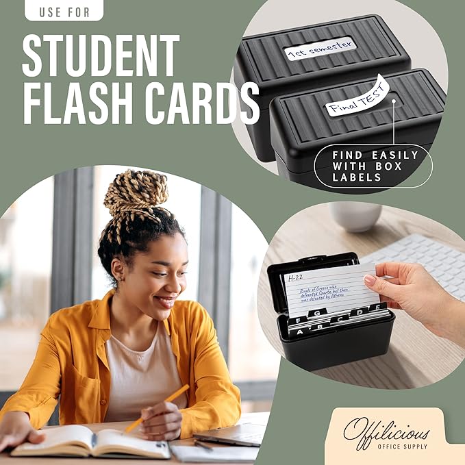 Black Index Card Holder 4x6 - Index Card Box With Index Card Dividers, Ruled Cards & Stickers - Index Card Organizer, Recipe Card Box - Flash Card Holder Box