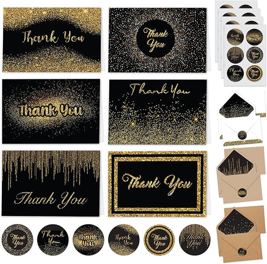 Decorably 24 Pack Glittery 6x4in Black and Gold Thank You Cards with Envelopes and Stickers, 6 Elegant Designs Black Thank You Cards, Blank Inside - Birthday, Wedding, Anniversary